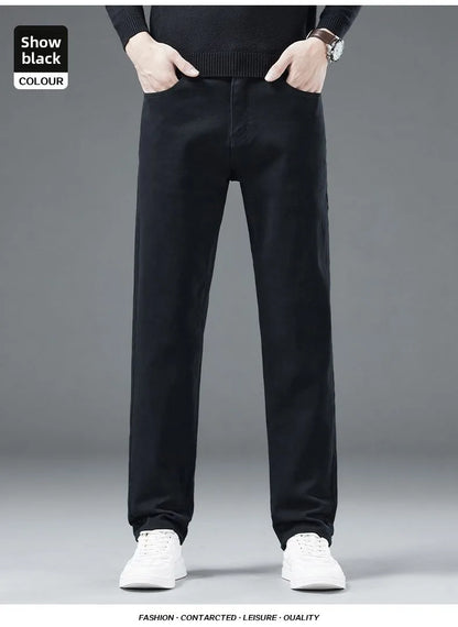 2026 Autumn Winter New Trendy Classic Jeans Male Solid Color Washed Straight Denim Pants Wide Leg Business Casual Stretchy Jeans