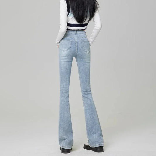 Calça Jeans Feminina de Cintura Alta com Boca de Sino Calças Bell Bottom Femininas Estilo High Street