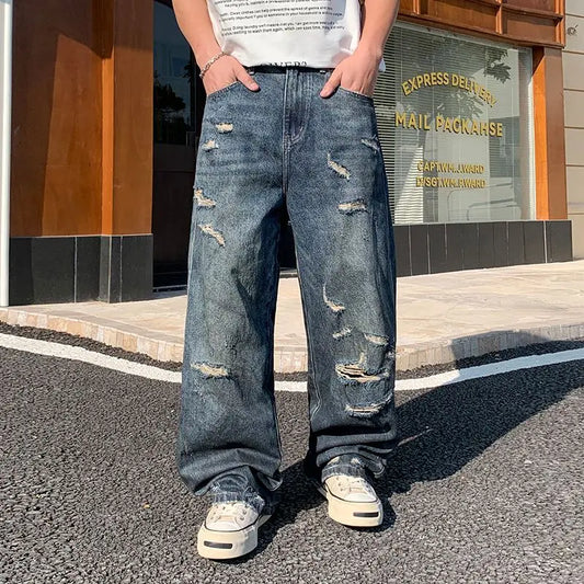 American-style distressed wide-leg jeans, loose-fitting washed and distressed straight-leg jeans, trendy brand.