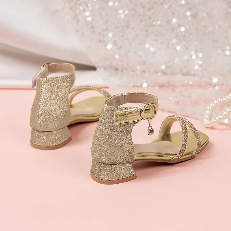 Children Summer Sequins High Heels Sandals Non-slip 2026 New Gold Princess Causal Girls Open-toe Sandals Fashion Kids Sandals