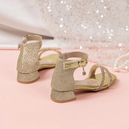 Children Summer Sequins High Heels Sandals Non-slip 2026 New Gold Princess Causal Girls Open-toe Sandals Fashion Kids Sandals