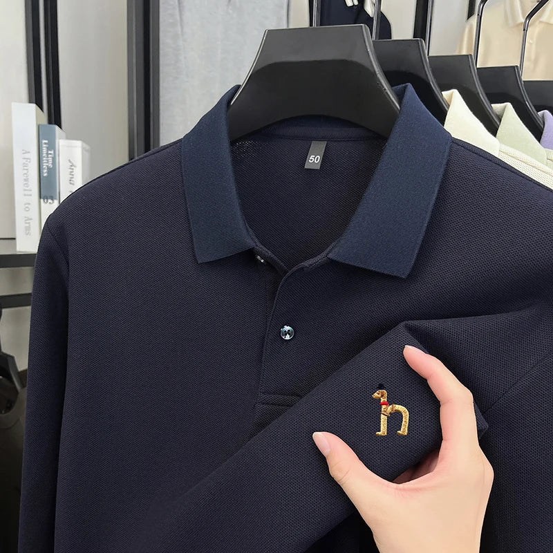 100% Cotton Luxury Brand Men's Polo Shirt Exquisite Dog Embroid Long Sleeve Fashion Quality Lapel T-Shirt Business Casual Menswear