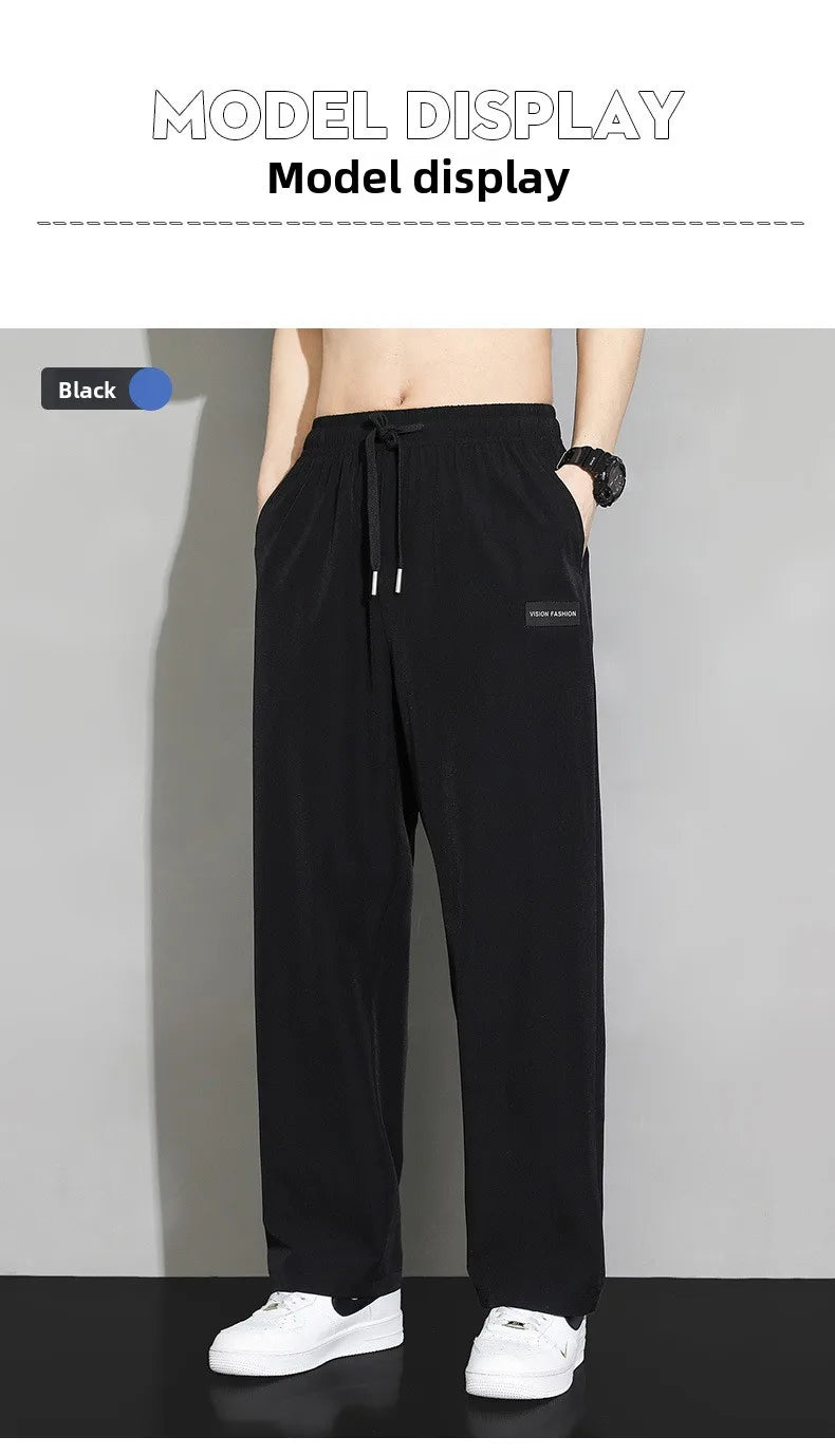 Men Drawstring Casual Pants Loose Drape Wide-leg Athleisure Pants Men Summer Thin Quick-drying Trousers Ice Silk Straight Pants