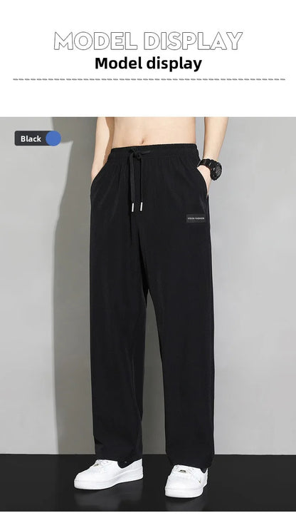 Men Drawstring Casual Pants Loose Drape Wide-leg Athleisure Pants Men Summer Thin Quick-drying Trousers Ice Silk Straight Pants