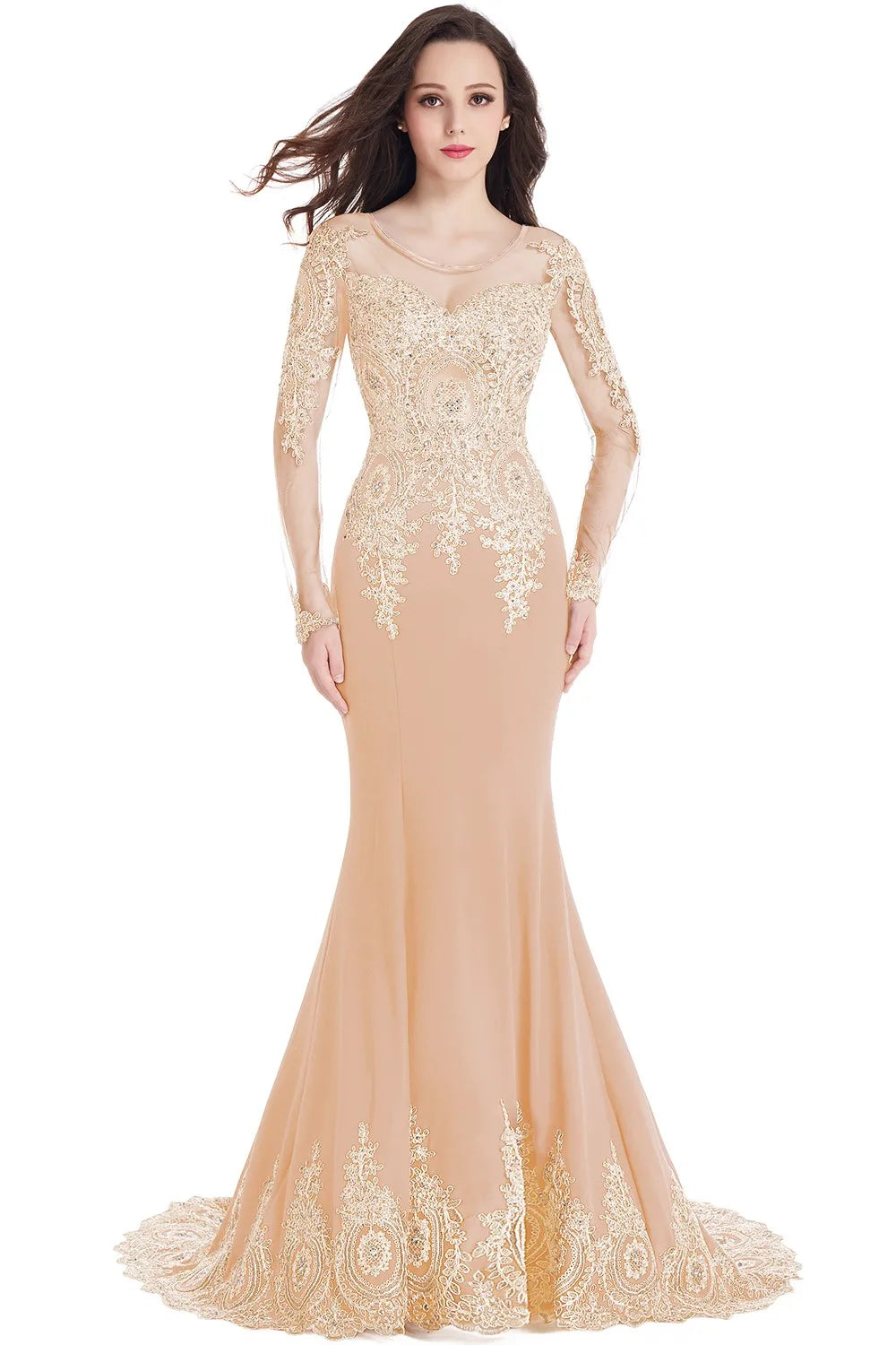 Prom Dresses Women Beading Long Sleeve Backless Elegant Lace Applique Formal Evening Party Gown For Bride Robe De Soirée