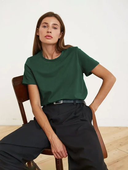 Summer 100% Cotton Women's T-shirt Bottoming Basic Fashionable Solid Lady Short Sleeve Loose Tops Shirts 230g/㎡ Tops