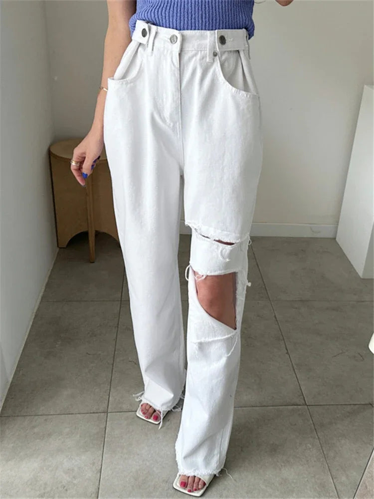 REALEFT 2025 New Hole Pink Women's Denim Wide Leg Pants High Waist Spring Summer Casual White Jeans Straight Trourses Female