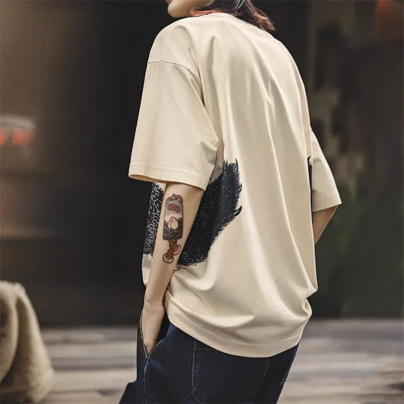 Oversized Bear Print Short Sleeve T-Shirt Women's Summer Apricot Loose Fit Ribbed Crew Neck Tee Cute Casual Street Tops