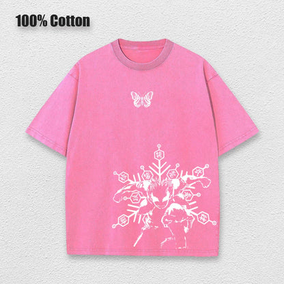 Anime Printed Washed Tshirt Demon Slayer Akaza Poster Performance Top Men Retro Harajuku Style Pullover Short Sleeves Unisex