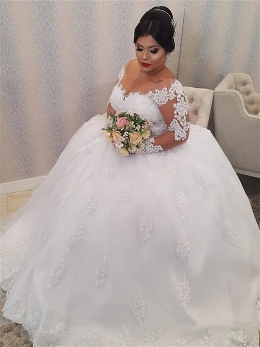 vestido de casamento Wedding Dress Plus Size Illusion Long Sleeve Pearls Beading Appliques White Bridal Gowns vestido de noiva