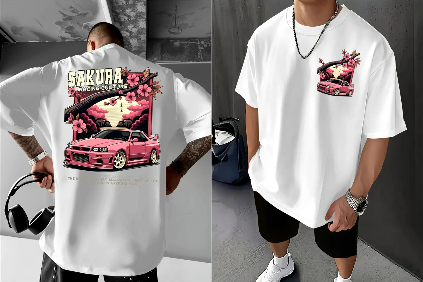 Men's Japanese Racing Graphic T-Shirt Sakura Motorsport Tee Cherry Blossoms Loose Fit Back Print Shirt Drift Events Streetwear