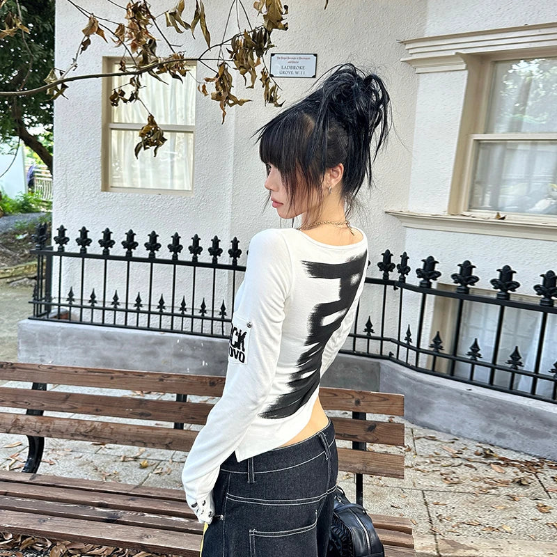 American Retro Print T-shirt Women Long Sleece Button Graphic Tops Y2k Tops 2000s Japanese Grunge Tops E-girls Autumn