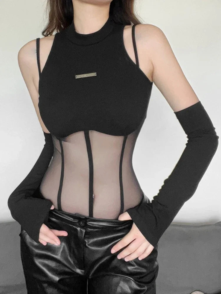 Black Bodysuit Lingerie Sexy Body Feminino See Through Corset Top Women Rave Outfit Mesh Patchwork One-Pieces Lenceria Femenina