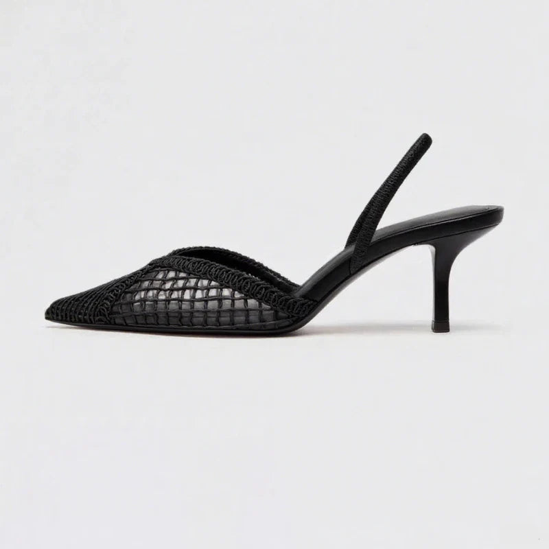 Fashion Black Hollow Mesh Woven Brand Pumps Women Comfort Pointed Toe Shallow High Heel Sandals Elegant Thin Heel Designer Shoes