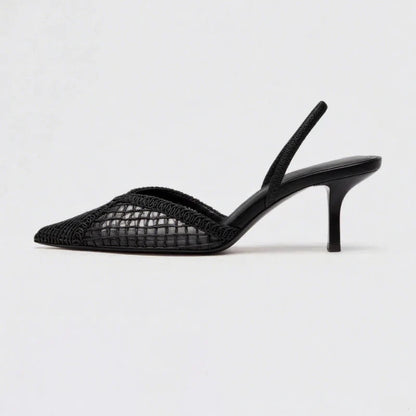 Fashion Black Hollow Mesh Woven Brand Pumps Women Comfort Pointed Toe Shallow High Heel Sandals Elegant Thin Heel Designer Shoes