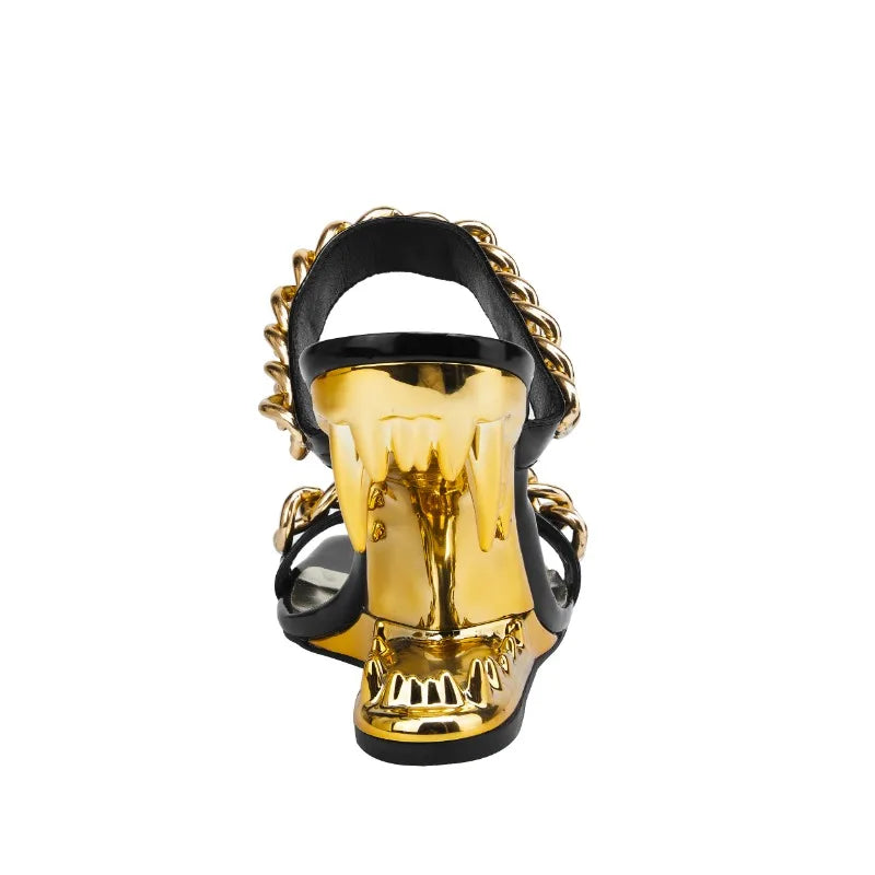 Big Gold Chain Peep Toe Tiger Teeth Heel Sandals 2024 New Fashion Silvery Beach Party Outdoors Women's Slippers Size 35-43