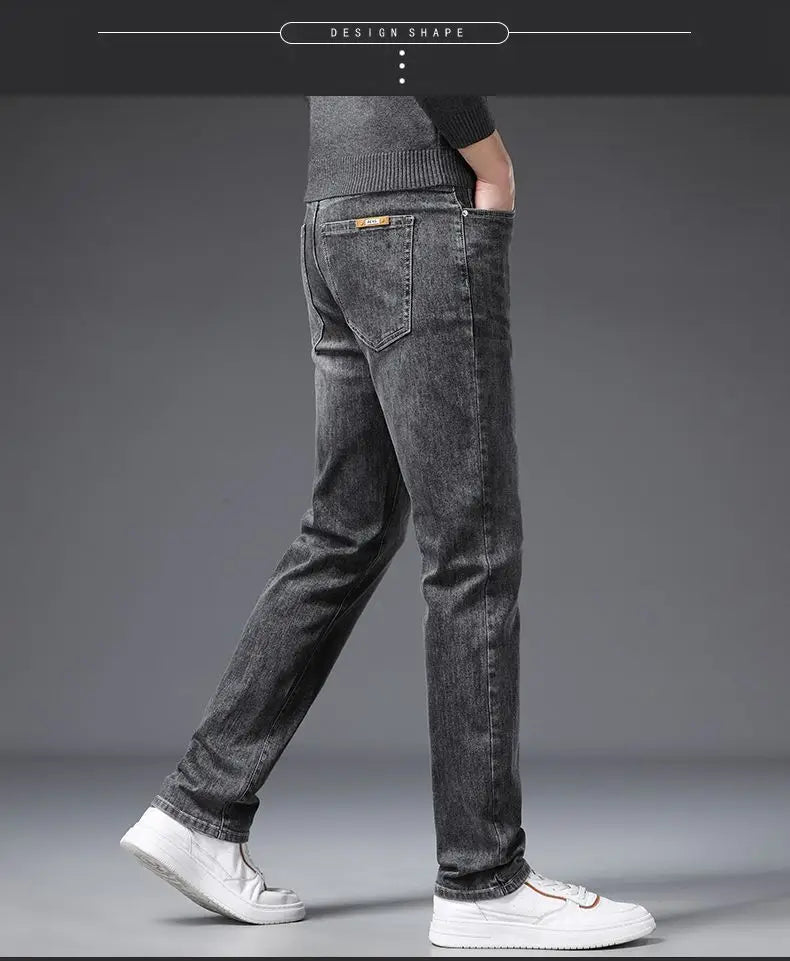 Calça Jeans Masculina Coreana Macia Elástica Slim Fit Negócios Casual Reta Jeans Clássica Marca Azul Lavado Cinza