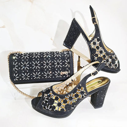 New Italian Design Open Toe Women High Heels for 2025 Elegant Party Wine Color Diamond Pumps Shoes and Bags Matching Set