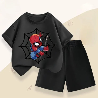 2026 Marvel Boys Casual Outfits Children Breathable T Shirt Shorts Two Piece Set Summer Kids Cartoon Print Sport Clothing Suit