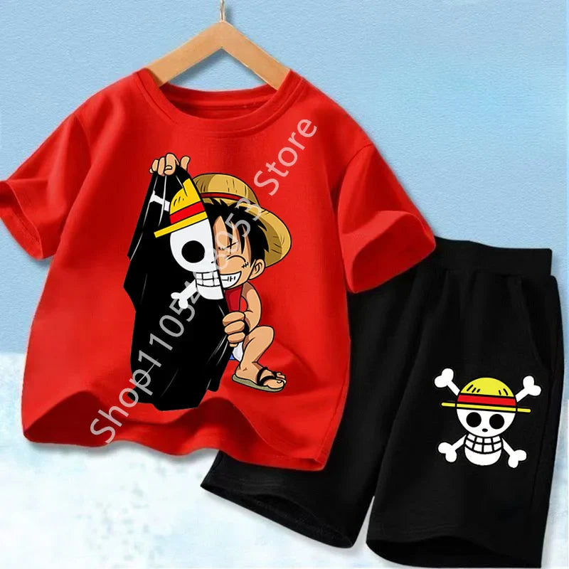 Summer Short Sleeve Clothes Set Anime Boy Girl T Shirt Shorts 2pcs One Piece Kids Outfit Chopper Luffy Tracksuit Suit Children