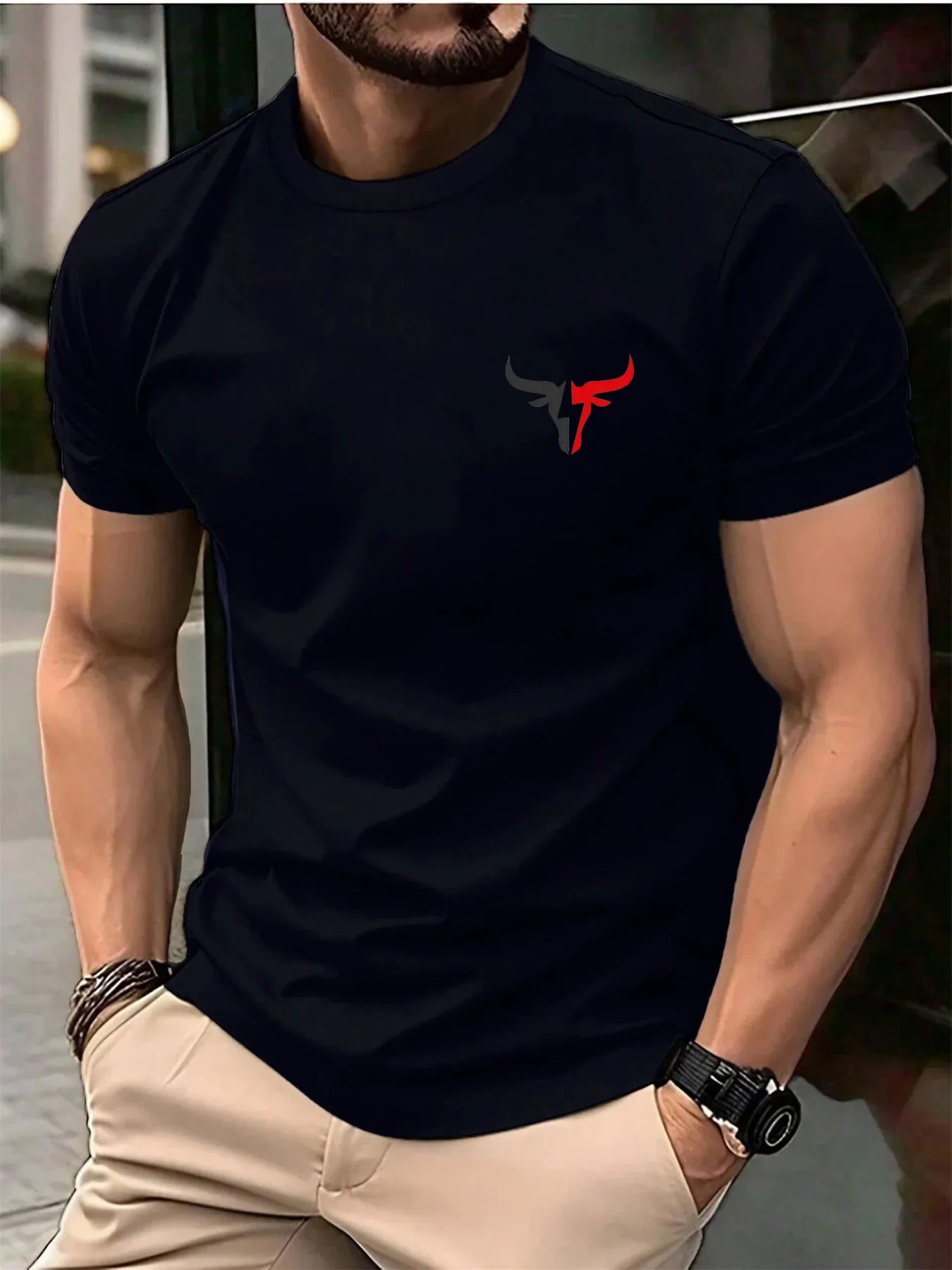 Summer men's 100 cotton casual loose plus size bull pattern printed sports comfortable round neck short sleeved T-shirt top