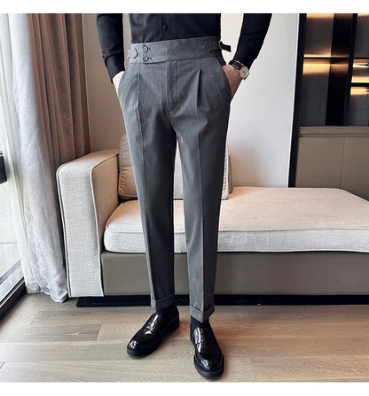 New Spring Autumn High Waist Smart Casual Dress Pants Men Belt Design Slim Suit Pants Formal Wedding Social Party Mens Trousers