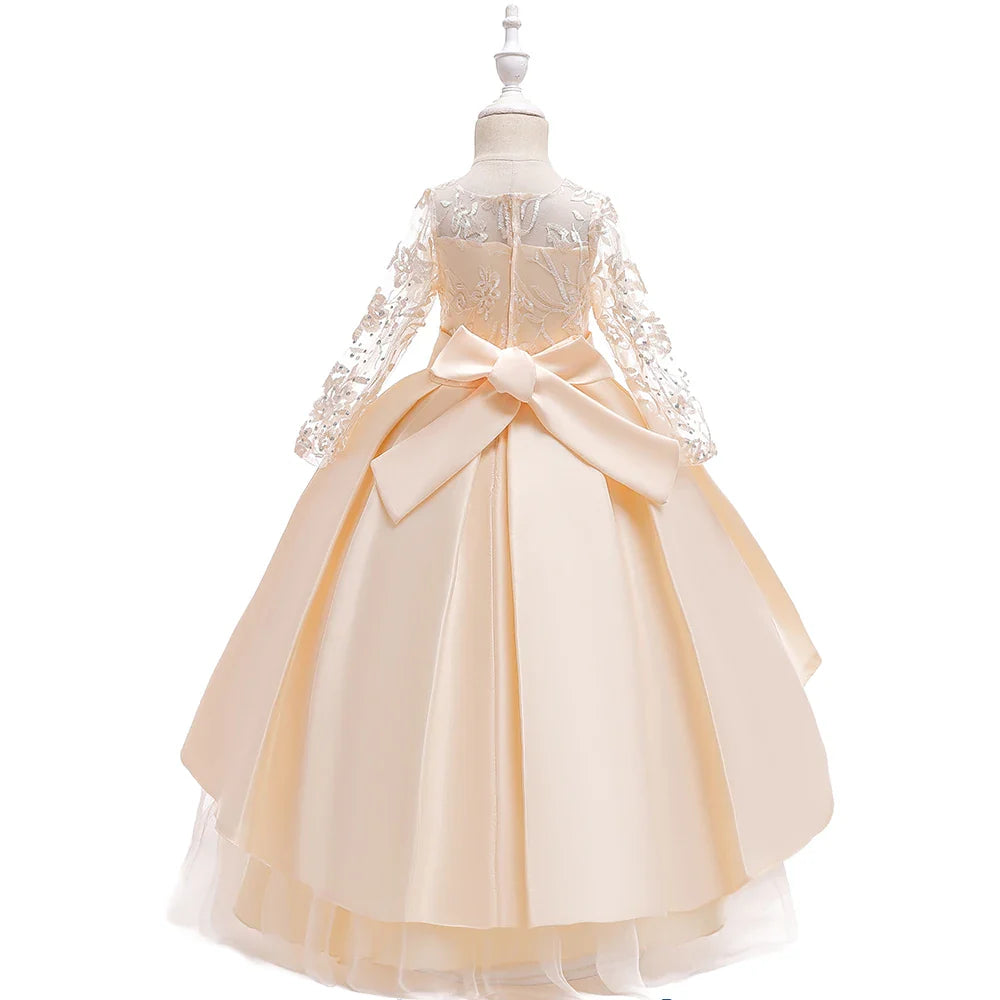 Teens Sequin Bridesmaid Girls Party Dress Long Sleeve First Communion Gown Wedding Party Princess Dresses Bow Christmas Costumes