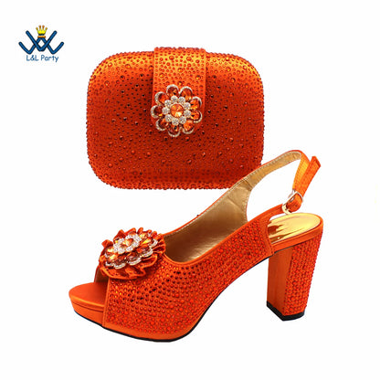 Special Design Women Crystal Style African Ladies Party Shoes Matching Bag in Magenta Color