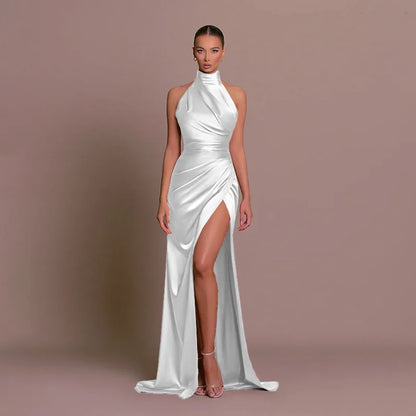 Womens Elegant Long Formal Evening Cocktail Party Dress Sexy High Split Ruched Bodycon Wedding Guest Bridemaid Maxi Dress