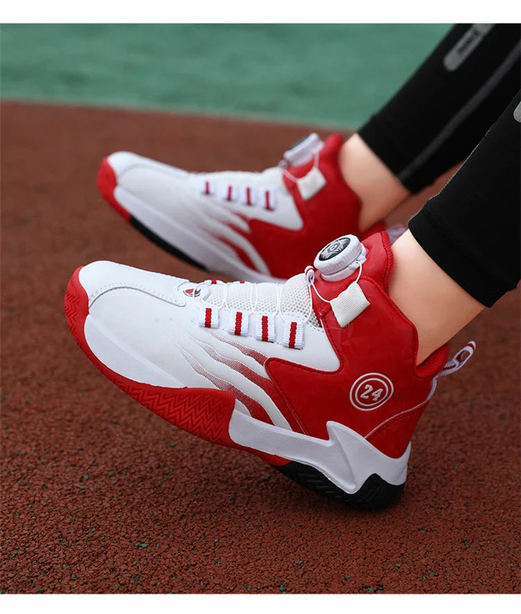 Kids Basketball Shoes Boys Rotary Buckle Sneakers Non-slip Child Trainer Basket Shoes Outdoor Children Sport Running Footwear