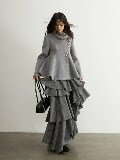 Spring Autumn Grey Striped Ruffled Asymmetrical Tiered Skirt Women Long Elegant Chic Luxury Designer Clothes Fashion