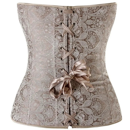 Gold Corset Plus Size Women Sexy Overbust Bustiers Top Satin Vintage Flower Print Lingerie Corselet Shaper Lace up Korsett