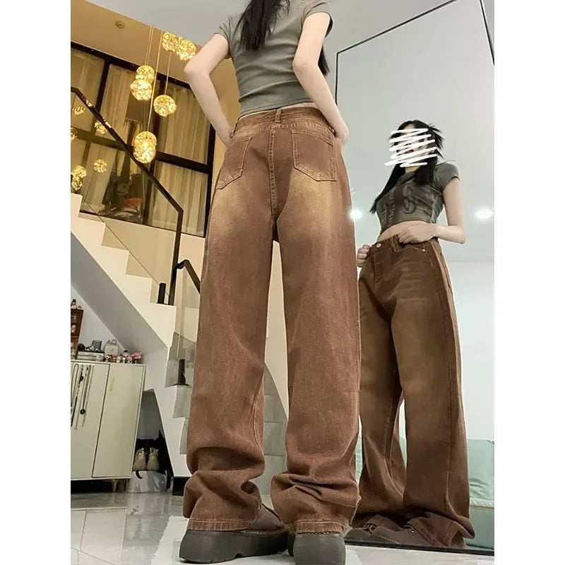 Calça Jeans Marrom Retrô Feminina de Cintura Alta Reta Solta com Perna Larga, Versão Coreana, Modelo Niche, Nova Coleção Inverno