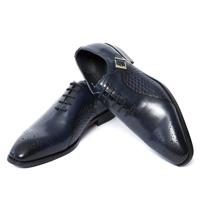 Classy Men's Genuine Leather Oxford Dress Shoes Blue Black Lace-up Brogue Pointed Business Wedding Party Formal Shoes for Men