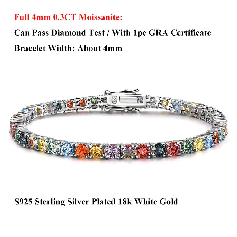 Multicolor Full 3/4/5mm Green Blue Pink Moissanite Tennis Bracelet For Women 925 Silver Pass Diamond Test Link Bracelets