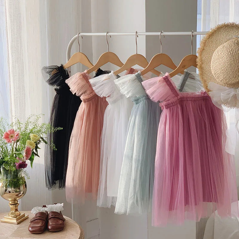 Summer Kids Sweet Mesh Dress Girls 5 Colors Suspended 3D Butterfly Skirt Children Tutu Princess Dress