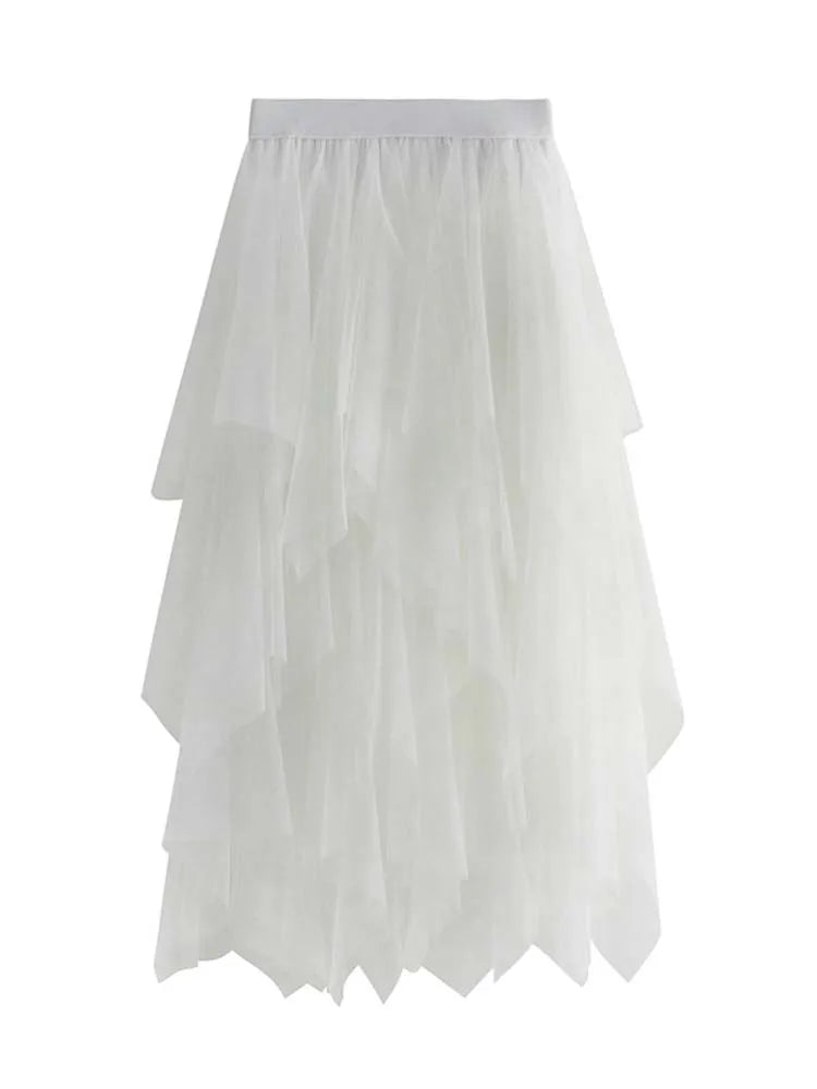 Women Sweet  Midi Spring And Summer High Waist Solid Asymmetrical Elegant Chic White Mesh Tulle Skirts Faldas