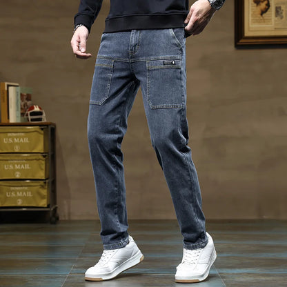 Calça Jeans Masculina Solta de Pernas Retas com Design Versátil de Seis Bolsos, Elástica e Confortável para Atividades ao Ar Livre, Caminhadas, Todas as Estações