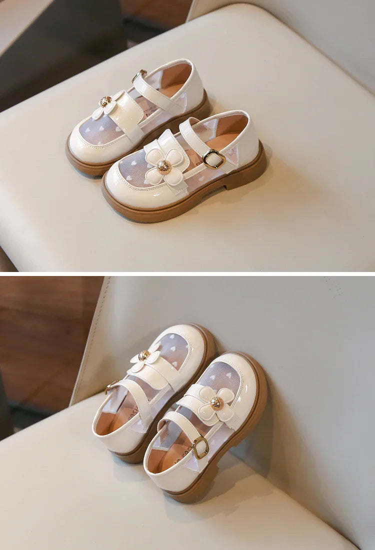 Toddler Girls Elegant Glossy Mesh Mary Jane Flats Flower Buckle Strap Heart Pattern Chunky Sole Comfortable Party School Shoes