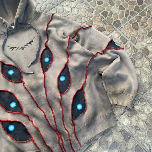 Gothic Punk Eye Pattern Patchwork Hoodies Women Y2k Top New Retro Loose Long Sleeve Sweatshirt Men and Women Hoodie Streetwear