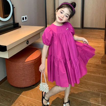 Girls Sweet Dress Summer Children Princess Gown Kids Spring Casual Short-sleeve Vestidos Kids Solid Color Loose Clothing 2-8Y