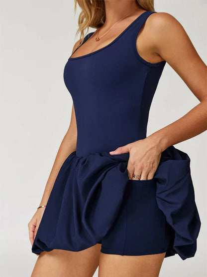 Workout Tennis Dress with Built in Shorts Square Neck Padded Workout Dress with Pockets Golf Athletic Mini Dresses