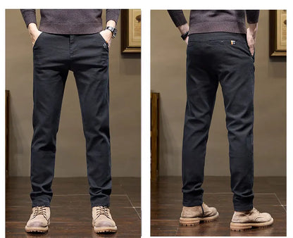 Winter Thicken Men's Solid Slim Straight Casual Pants Business Classic Fleece Trousers Male Warm Plaid Elasticity Pants