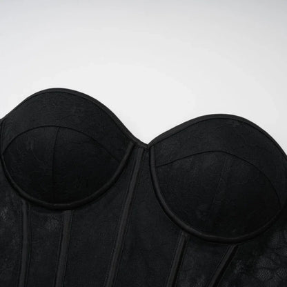 Black See Through Floral Lace Boned Push Up Cup Corset Lingerie Body Shaper Woman Bustier Crop Top Gothic Exotic Corsetto Nero