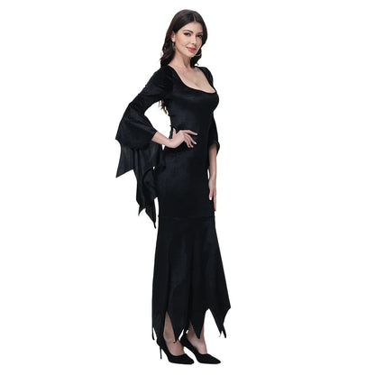 Halloween Morticia Adams Primate Black Adams Family Dress Retro Gothic Flared Sleeve Fishtail Dress Vestido