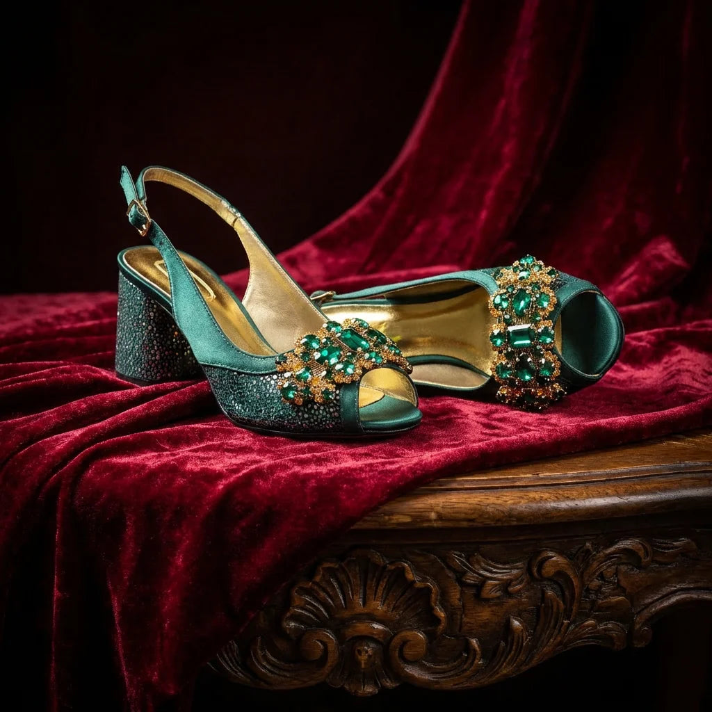 Green Elegant Women's High Heels Shoes  & Bag Set Rhinestone-Embellished Designer Shoes Perfect for Special Occasionss