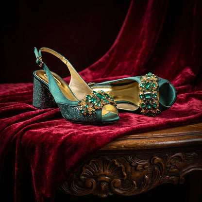 Green Elegant Women's High Heels Shoes  & Bag Set Rhinestone-Embellished Designer Shoes Perfect for Special Occasionss