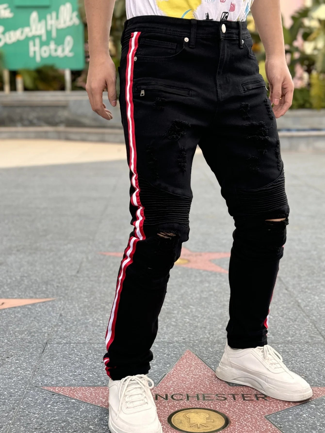 Y2K Men's Denim Hole-out Pants Patchwork Collection - Fashionable Trendy Street Hip-Hop Style Regular Fit Black Cotton Blend
