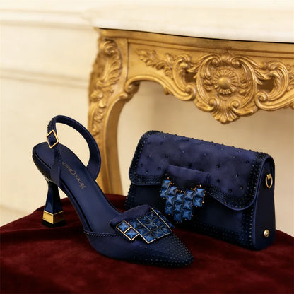 Italian Fashion Design Shoes and Bags Matching Set  High Heels green Color Rhinestones Elegant Women Shoes for Party