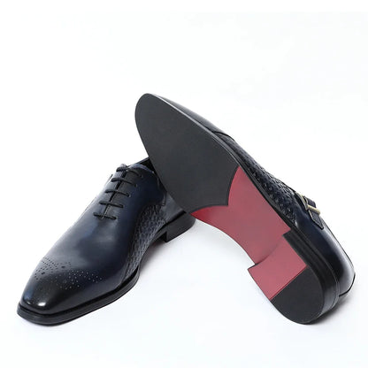 Classy Men's Genuine Leather Oxford Dress Shoes Blue Black Lace-up Brogue Pointed Business Wedding Party Formal Shoes for Men